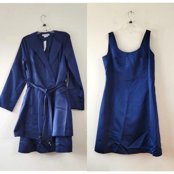Kay Unger Longline Double Breasted Belted Jacket & Dress Set Navy Satin 14 - Picture 1 of 12